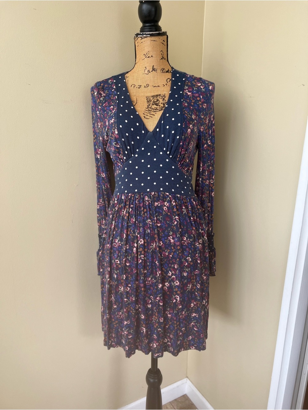 American Rag Navy Floral & Polka Dot Long Sleeve Wrap Dress